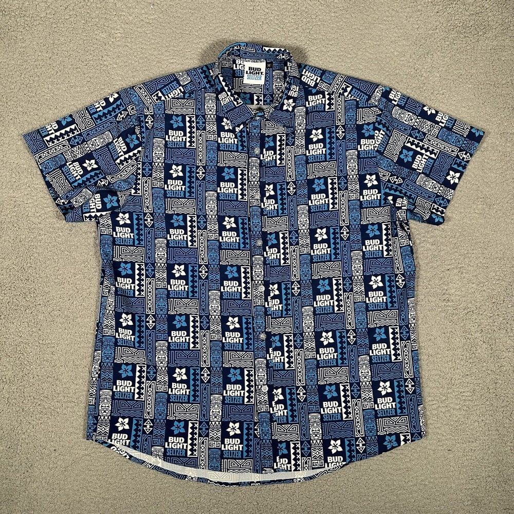 Bud Light Seltzer Shirt Mens Medium Blue Hawaiian Tiki All Over Print Polyester‎